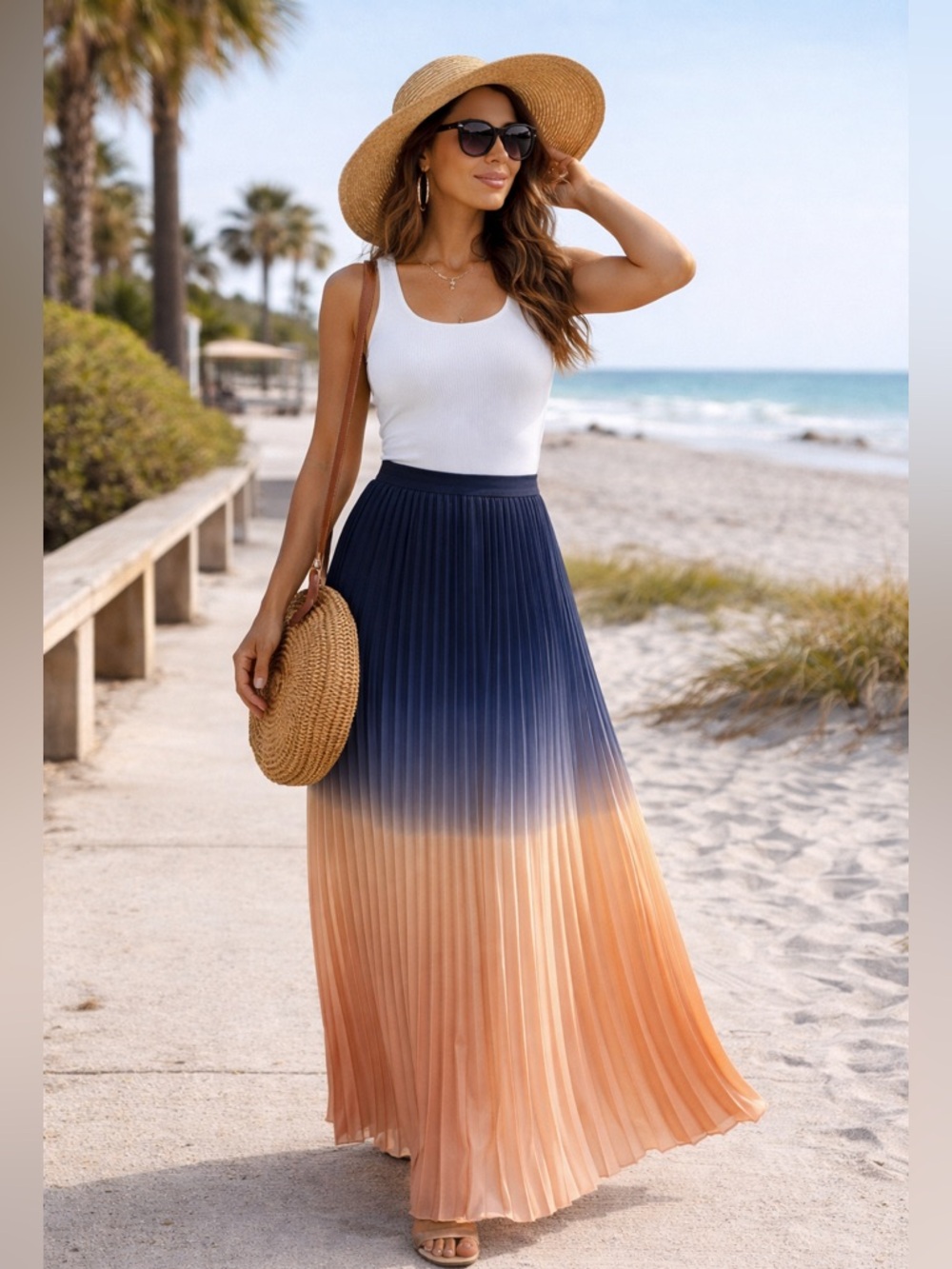 Cynthia Rowley Ombre Pleated Maxi Skirt Blue Peach Sz S NWT Flowy Resort